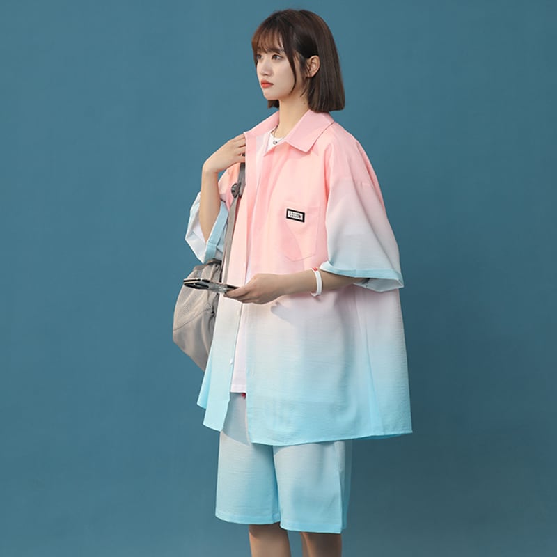 【藤伊曼シリーズ】4色 セットアップ 半袖シャツ + 短パン 男女兼用 大きいサイズ グラデーション