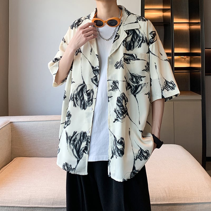【ZHUIYIシリーズ】チャイナ風トップス 男女兼用 半袖シャツ 大きいサイズ 花柄 シャツ 2色展開 黒 白