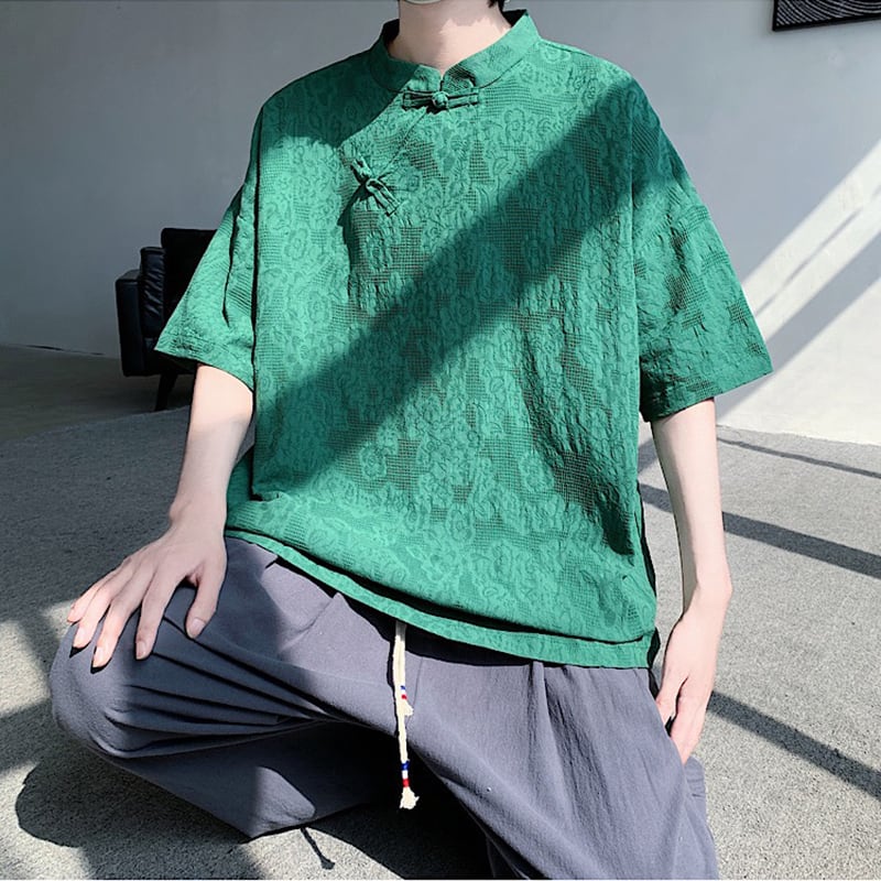 【TIANYIシリーズ】チャイナ風トップス 半袖シャツ 男女兼用 大きいサイズ 3色展開 緑 黒 白