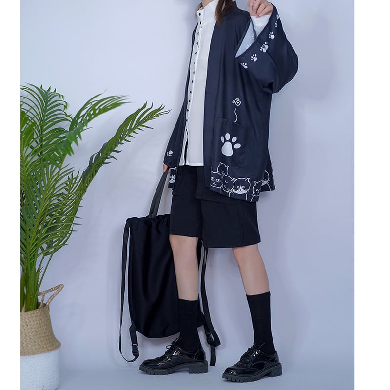 【倉寶兒屋シリーズ】チャイナ風法被 猫柄プリント 夏服 薄手 ブラック ライトグレー 2色