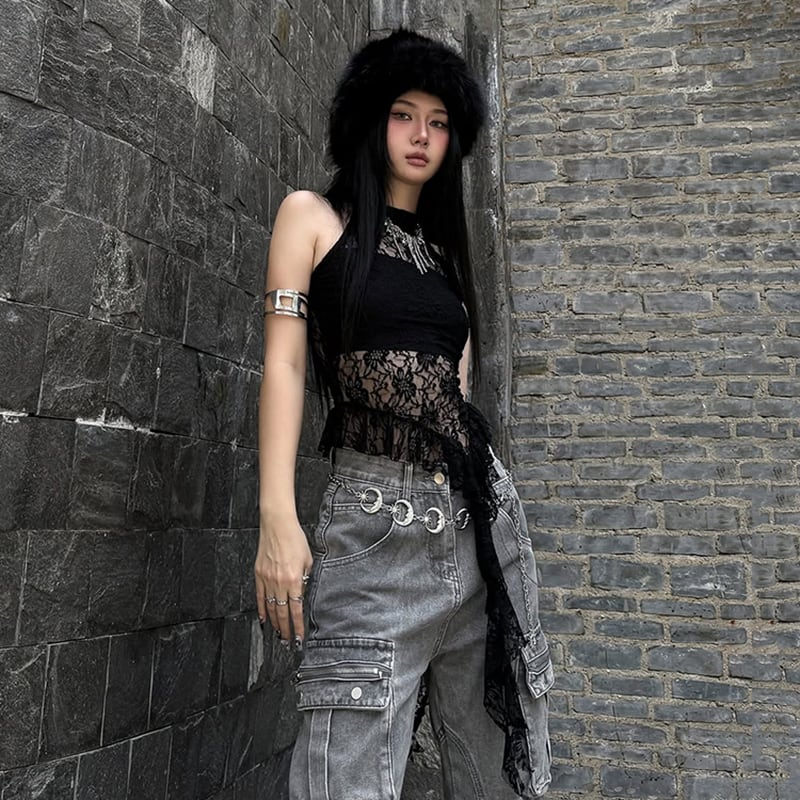 【KLIOUシリーズ】ノースリーブ レース トップス レディース セクシー 切り替え おしゃれ ブラック 服装