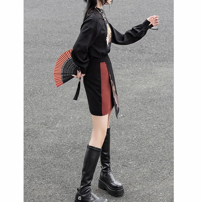 【雲鬢斜簪シリーズ】★チャイナ風トップス★ 中華服 漢字柄 プリント オリジナル 合わせやすい