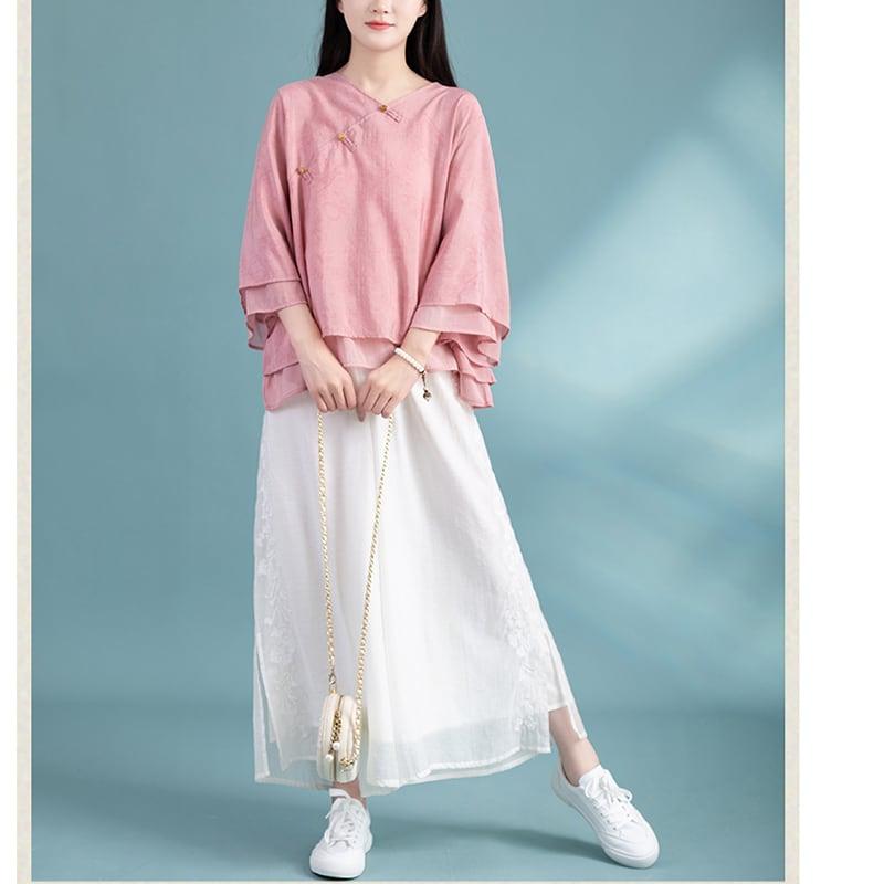 【清裊シリーズ】★チャイナ風トップス★ 3COLOR チャイナ風シャツ 中華服 夏服 涼しい Vネック カジュアル - ChinChic