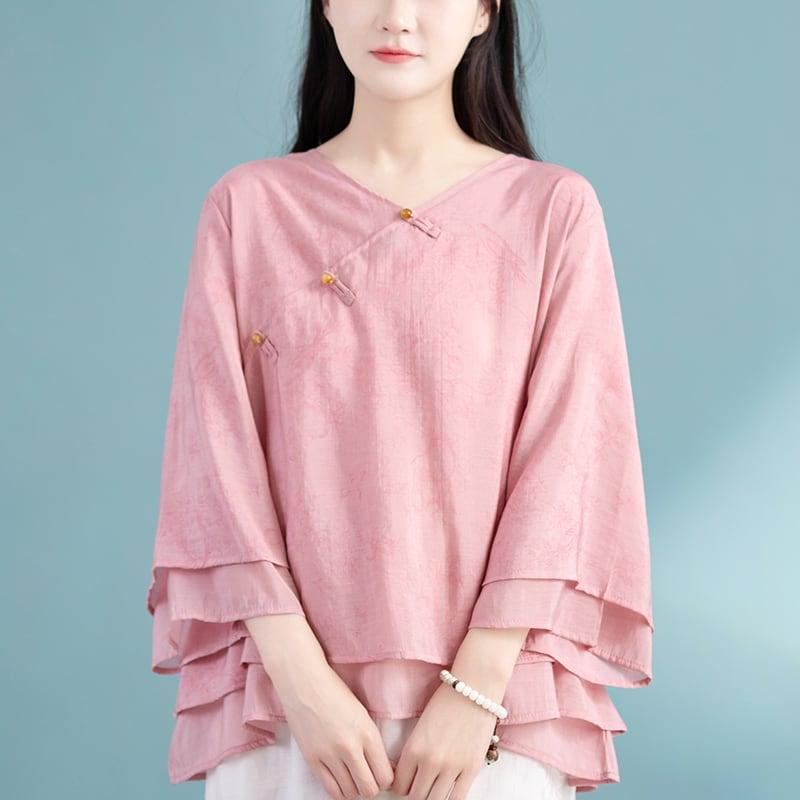 【清裊シリーズ】★チャイナ風トップス★ 3COLOR チャイナ風シャツ 中華服 夏服 涼しい Vネック カジュアル - ChinChic