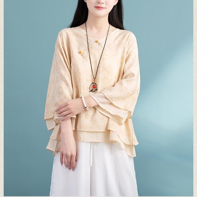 【清裊シリーズ】★チャイナ風トップス★ 3COLOR チャイナ風シャツ 中華服 夏服 涼しい Vネック カジュアル - ChinChic