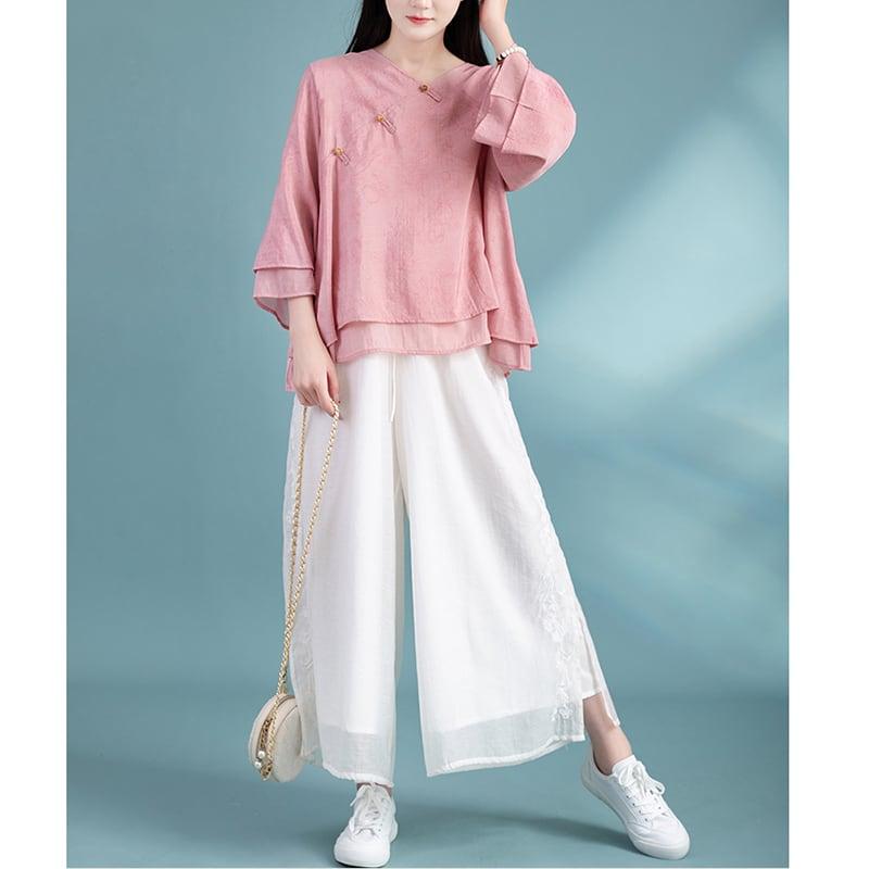 【清裊シリーズ】★チャイナ風トップス★ 3COLOR チャイナ風シャツ 中華服 夏服 涼しい Vネック カジュアル - ChinChic