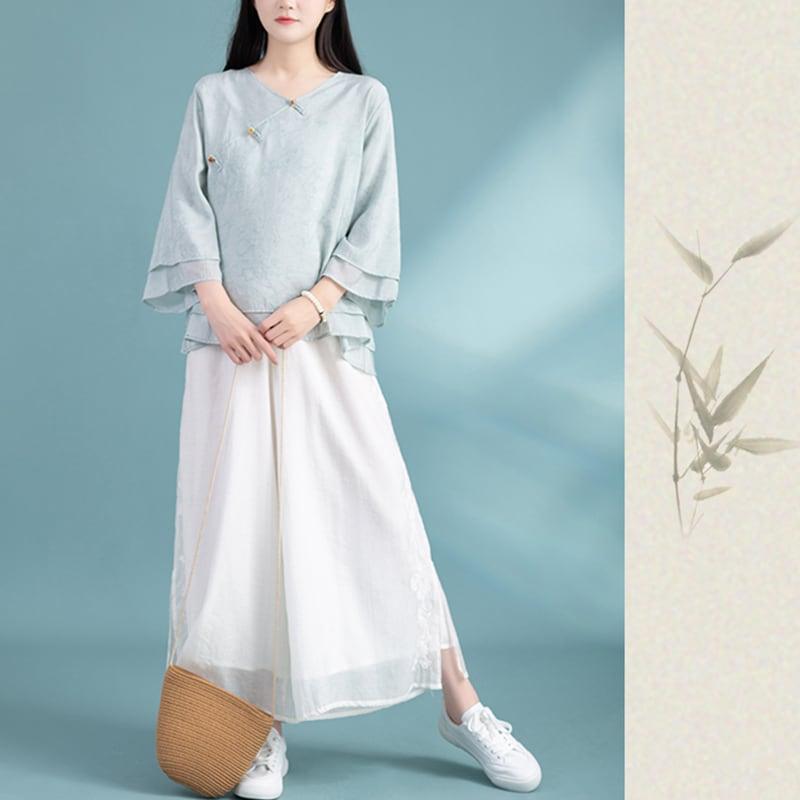 【清裊シリーズ】★チャイナ風トップス★ 3COLOR チャイナ風シャツ 中華服 夏服 涼しい Vネック カジュアル - ChinChic