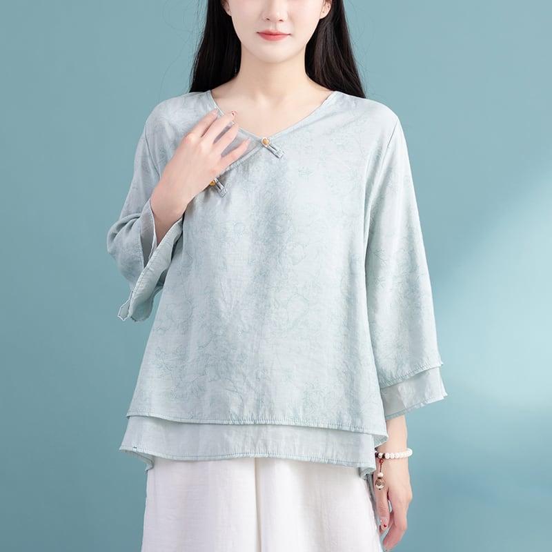 【清裊シリーズ】★チャイナ風トップス★ 3COLOR チャイナ風シャツ 中華服 夏服 涼しい Vネック カジュアル - ChinChic