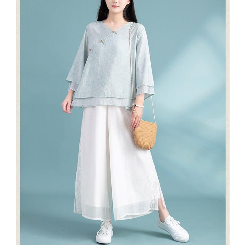 【清裊シリーズ】★チャイナ風トップス★ 3COLOR チャイナ風シャツ 中華服 夏服 涼しい Vネック カジュアル - ChinChic