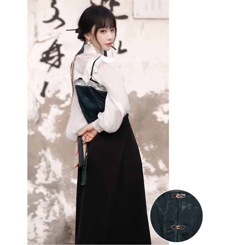 【楓竹---一抹青綠シリーズ】チャイナ風 3点セット シャツ ベスト まきスカート 中華服 レディースファッション