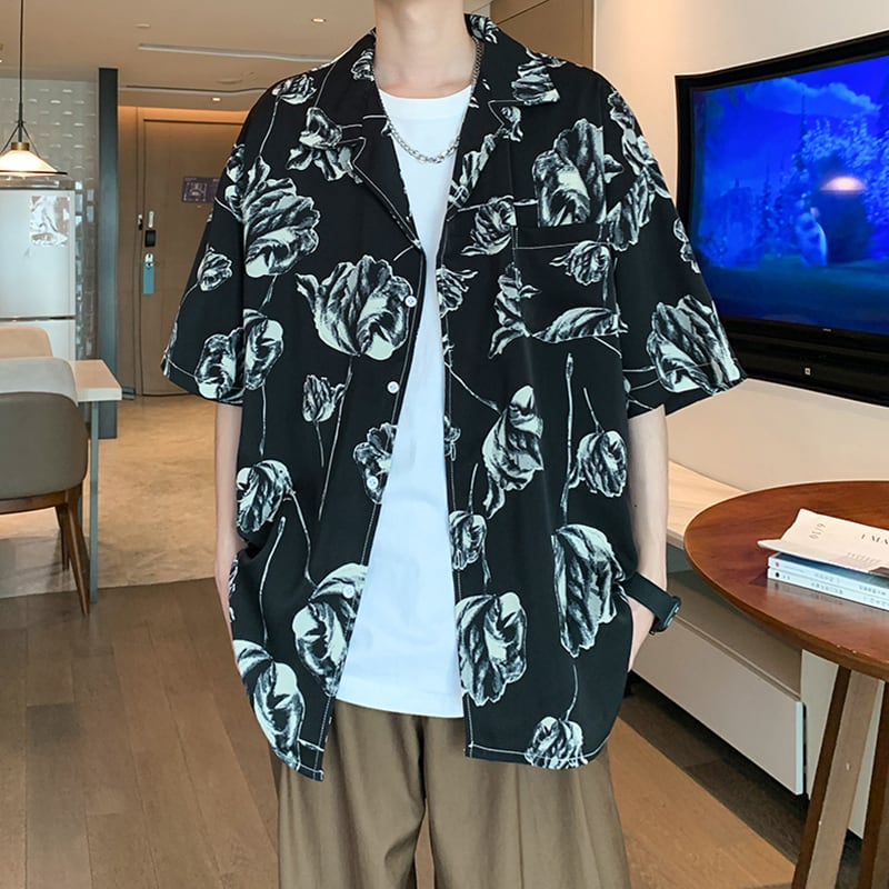 【ZHUIYIシリーズ】チャイナ風トップス 男女兼用 半袖シャツ 大きいサイズ 花柄 シャツ 2色展開 黒 白