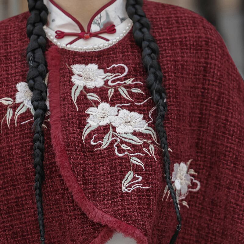 【塵煙雲夢---茶花曲シリーズ】チャイナ風 刺繍マント 中華服 プリント 可愛い ショート丈 レッド