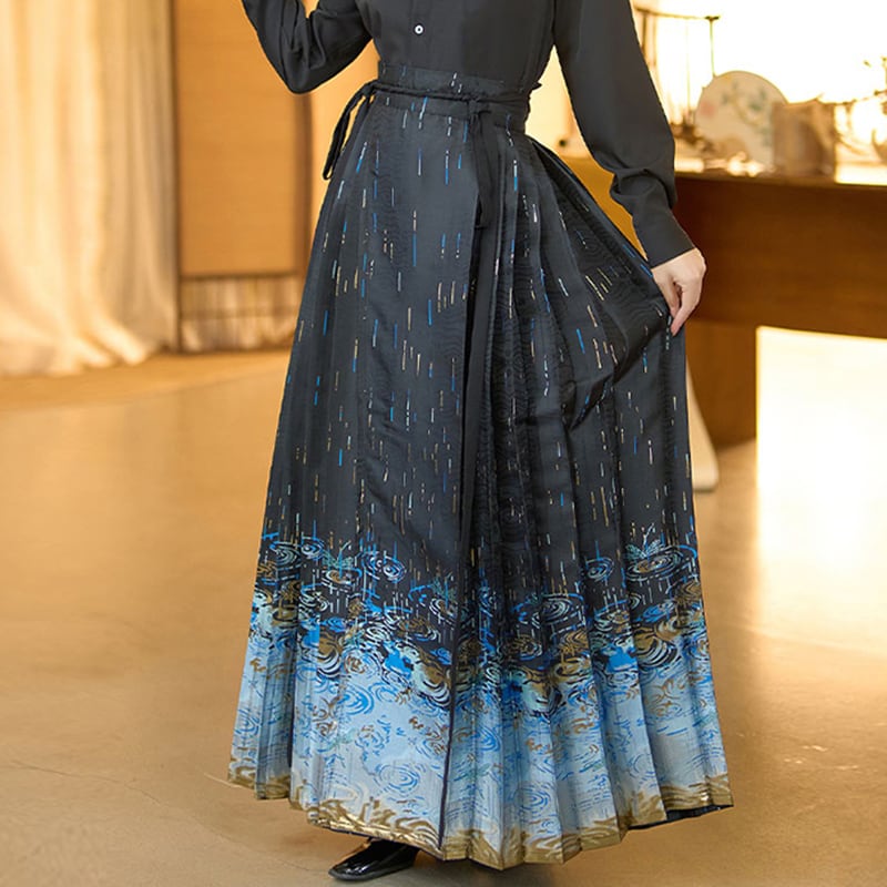 【BAIRIMENGシリーズ】チャイナ風 プリーツスカート 漢服 スカート 中華服 ブラック 黒色 ボトムス レディース フェミニン