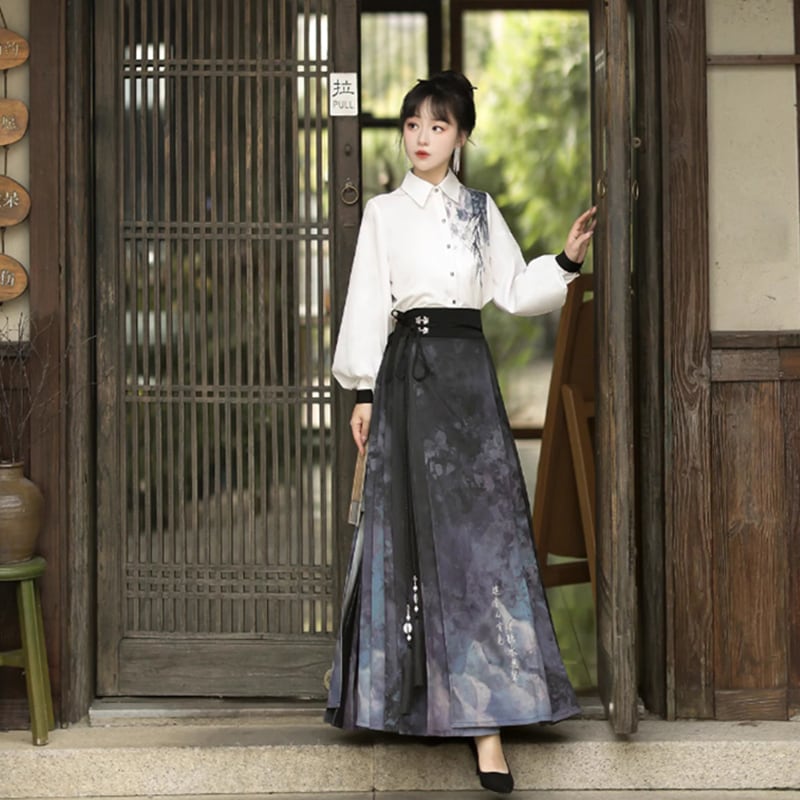 【塵煙雲夢---畫影シリーズ】チャイナ風 スカート 中華服 水墨柄 ロング丈 可愛い 漢服スカート