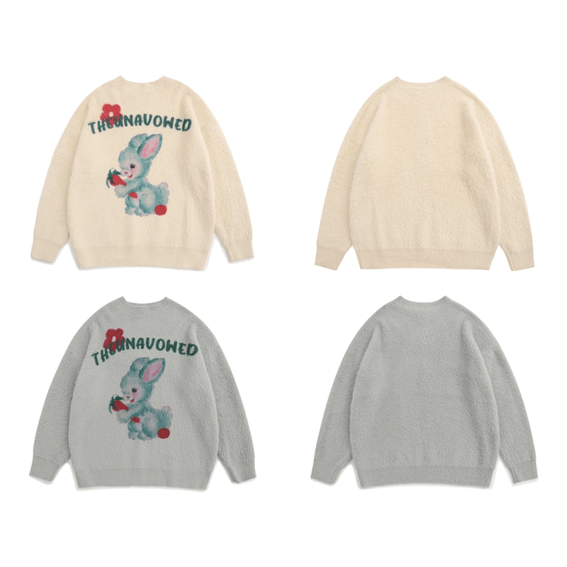 【逃離地球シリーズ】★油絵風 ウサギ柄 ニット トップス★ 4色展開 男女兼用 ChinChic