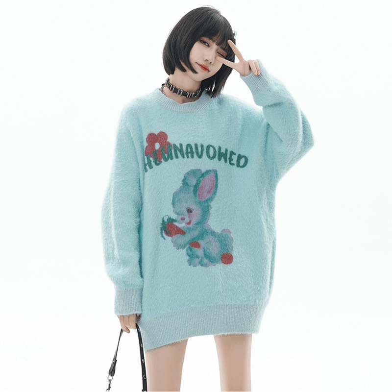【逃離地球シリーズ】★油絵風 ウサギ柄 ニット トップス★ 4色展開 男女兼用 ChinChic