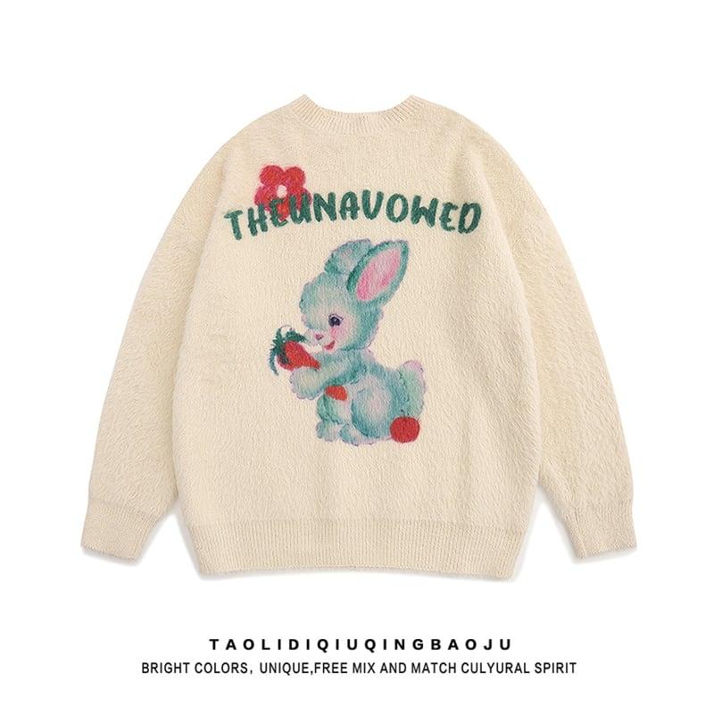 【逃離地球シリーズ】★油絵風 ウサギ柄 ニット トップス★ 4色展開 男女兼用 ChinChic