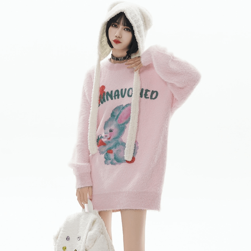 【逃離地球シリーズ】★油絵風 ウサギ柄 ニット トップス★ 4色展開 男女兼用 ChinChic