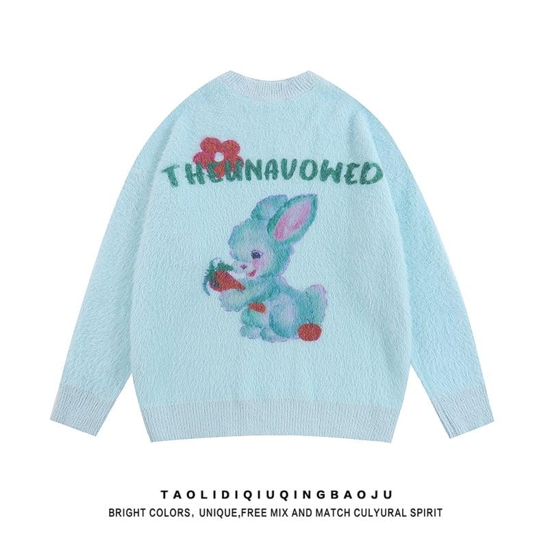 【逃離地球シリーズ】★油絵風 ウサギ柄 ニット トップス★ 4色展開 男女兼用 ChinChic