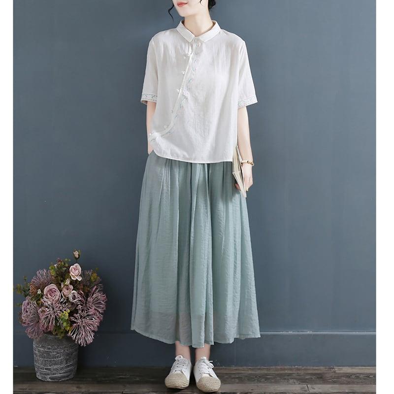 【清裊シリーズ】★チャイナ風トップス★ 4カラー 棉麻 POLOネック ホワイト ブルー レッド オレンジ - ChinChic