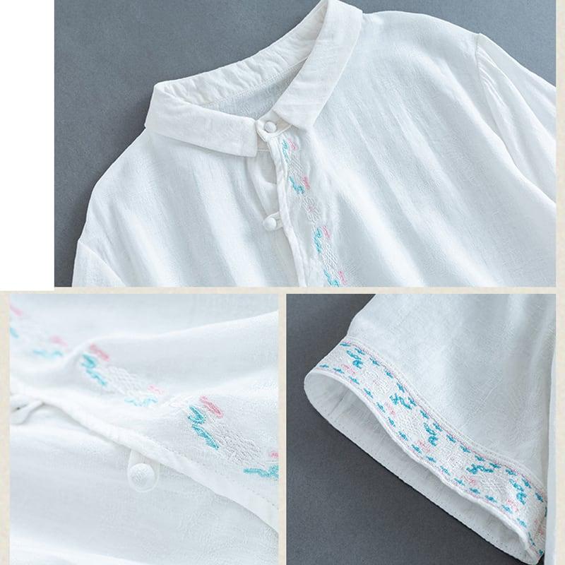 【清裊シリーズ】★チャイナ風トップス★ 4カラー 棉麻 POLOネック ホワイト ブルー レッド オレンジ - ChinChic