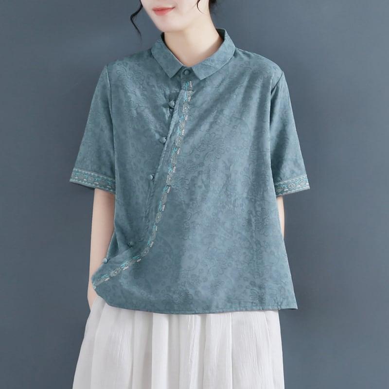 【清裊シリーズ】★チャイナ風トップス★ 4カラー 棉麻 POLOネック ホワイト ブルー レッド オレンジ - ChinChic