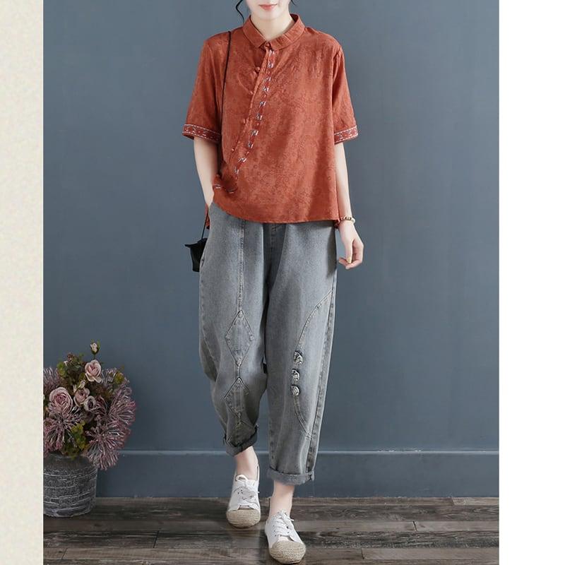 【清裊シリーズ】★チャイナ風トップス★ 4カラー 棉麻 POLOネック ホワイト ブルー レッド オレンジ - ChinChic