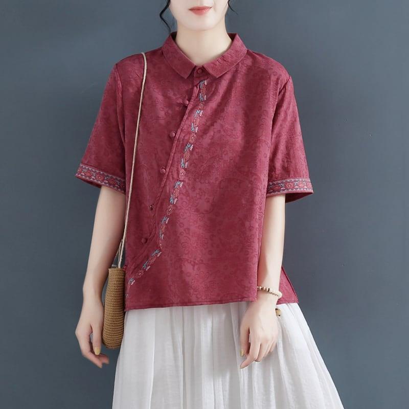 【清裊シリーズ】★チャイナ風トップス★ 4カラー 棉麻 POLOネック ホワイト ブルー レッド オレンジ - ChinChic