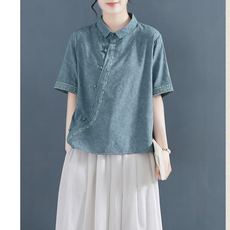 【清裊シリーズ】★チャイナ風トップス★ 4カラー 棉麻 POLOネック ホワイト ブルー レッド オレンジ - ChinChic