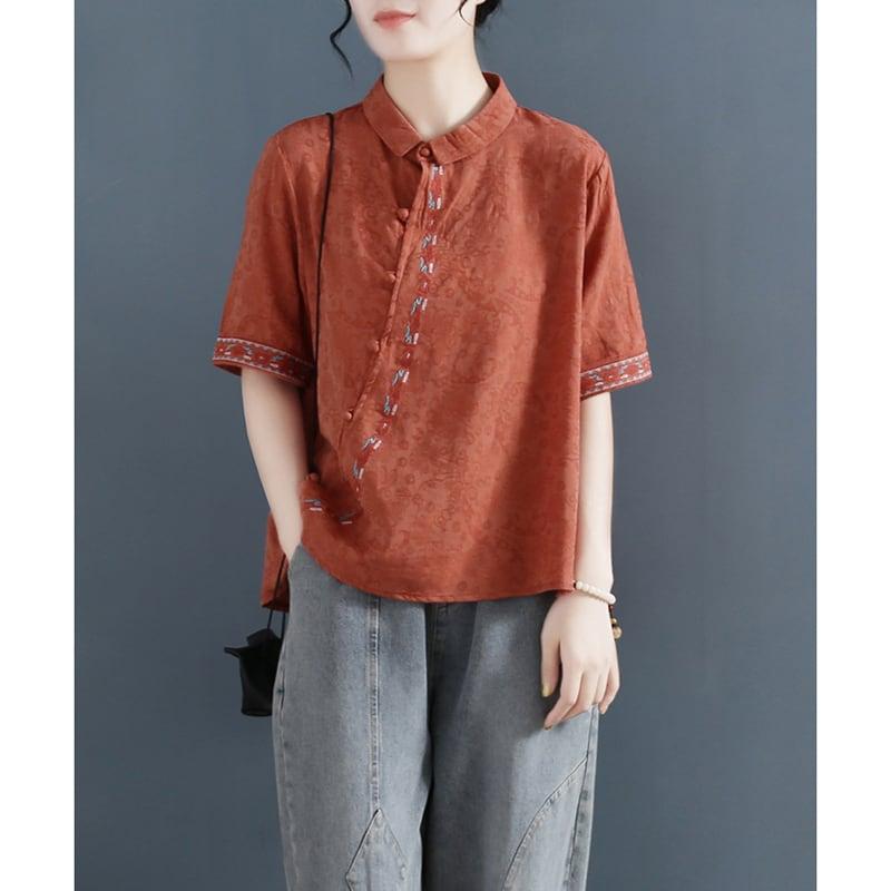【清裊シリーズ】★チャイナ風トップス★ 4カラー 棉麻 POLOネック ホワイト ブルー レッド オレンジ - ChinChic