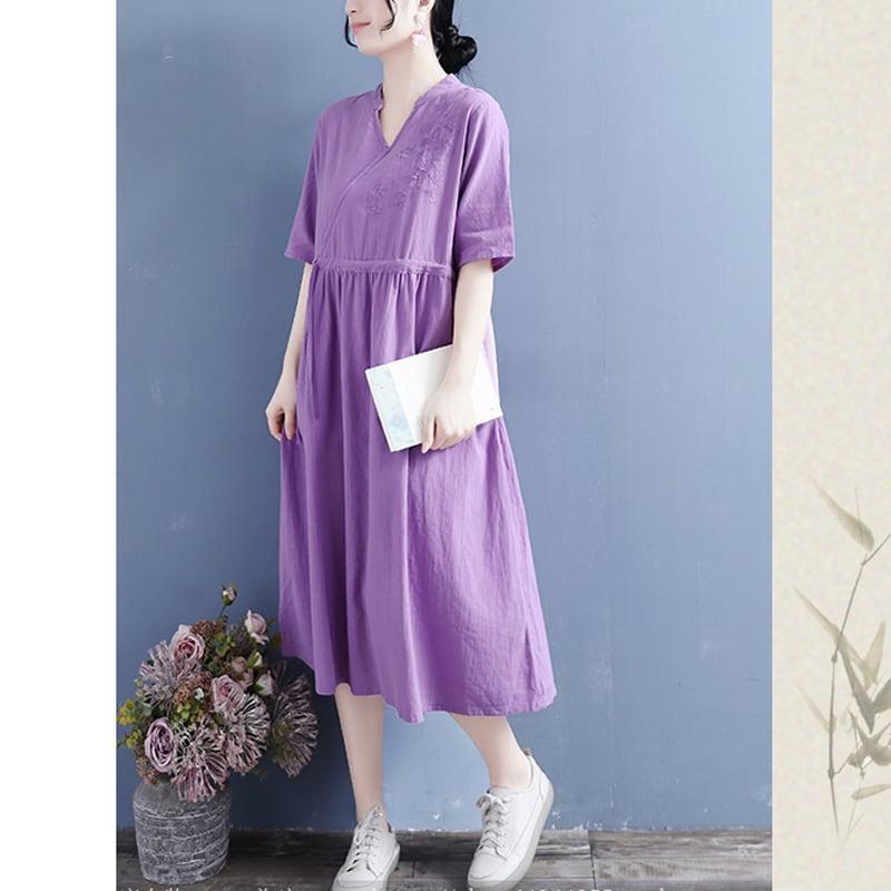 【清裊シリーズ】★チャイナ風ワンピース★ 4カラー 刺繍 棉麻 Vネック 中華服 唐装レトロ系 ブルー レッド パープル ホワイト - ChinChic