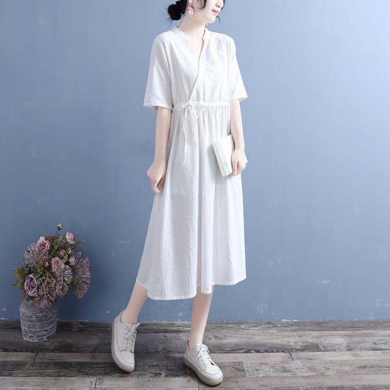 【清裊シリーズ】★チャイナ風ワンピース★ 4カラー 刺繍 棉麻 Vネック 中華服 唐装レトロ系 ブルー レッド パープル ホワイト - ChinChic