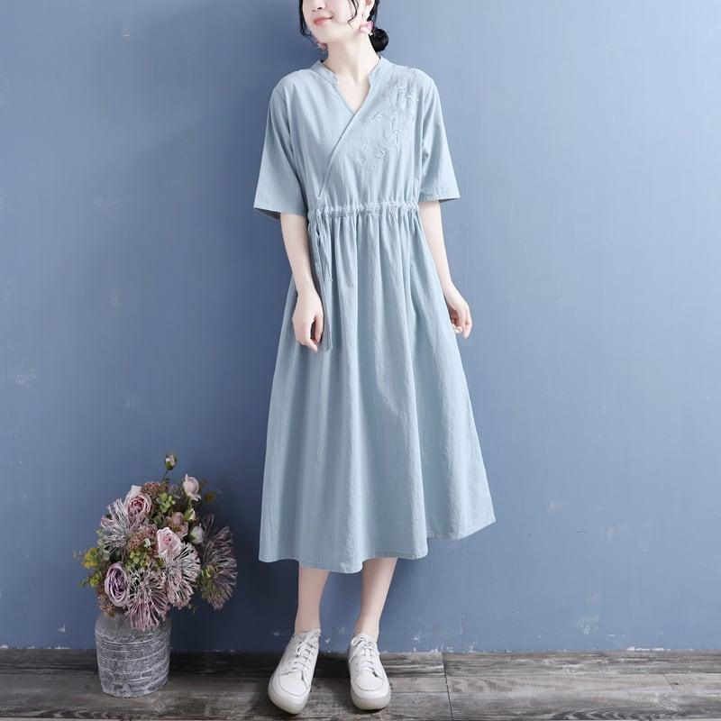 【清裊シリーズ】★チャイナ風ワンピース★ 4カラー 刺繍 棉麻 Vネック 中華服 唐装レトロ系 ブルー レッド パープル ホワイト - ChinChic