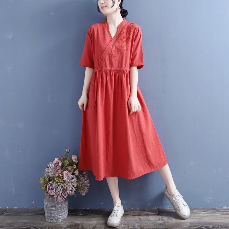 【清裊シリーズ】★チャイナ風ワンピース★ 4カラー 刺繍 棉麻 Vネック 中華服 唐装レトロ系 ブルー レッド パープル ホワイト - ChinChic
