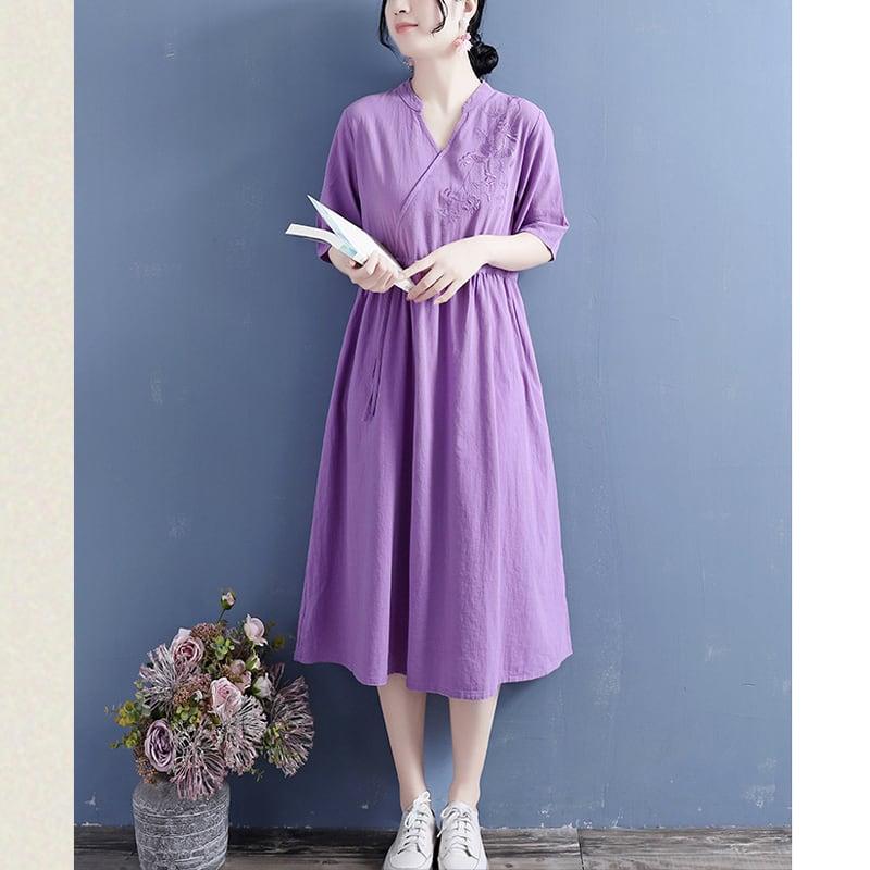 【清裊シリーズ】★チャイナ風ワンピース★ 4カラー 刺繍 棉麻 Vネック 中華服 唐装レトロ系 ブルー レッド パープル ホワイト - ChinChic