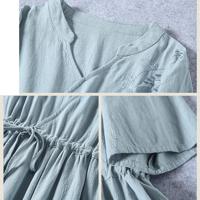 【清裊シリーズ】★チャイナ風ワンピース★ 4カラー 刺繍 棉麻 Vネック 中華服 唐装レトロ系 ブルー レッド パープル ホワイト - ChinChic