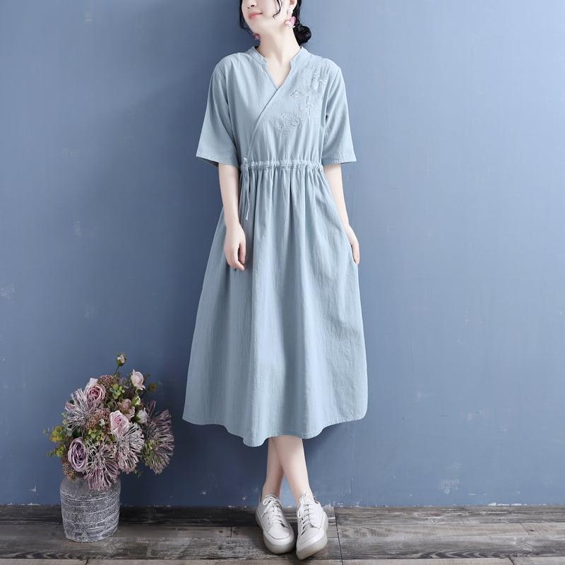 【清裊シリーズ】★チャイナ風ワンピース★ 4カラー 刺繍 棉麻 Vネック 中華服 唐装レトロ系 ブルー レッド パープル ホワイト - ChinChic