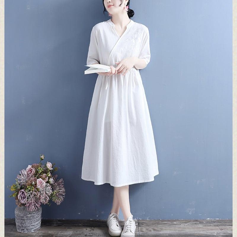 【清裊シリーズ】★チャイナ風ワンピース★ 4カラー 刺繍 棉麻 Vネック 中華服 唐装レトロ系 ブルー レッド パープル ホワイト - ChinChic