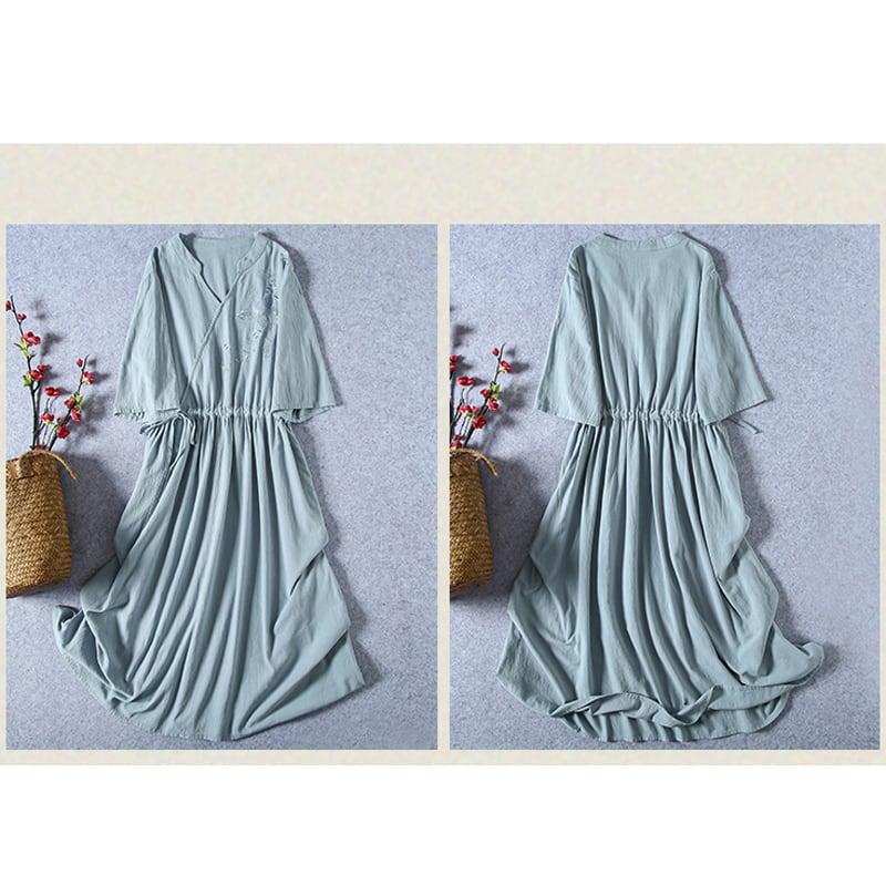 【清裊シリーズ】★チャイナ風ワンピース★ 4カラー 刺繍 棉麻 Vネック 中華服 唐装レトロ系 ブルー レッド パープル ホワイト - ChinChic