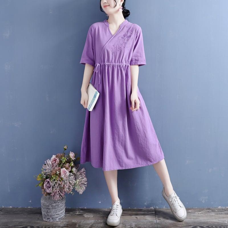 【清裊シリーズ】★チャイナ風ワンピース★ 4カラー 刺繍 棉麻 Vネック 中華服 唐装レトロ系 ブルー レッド パープル ホワイト - ChinChic