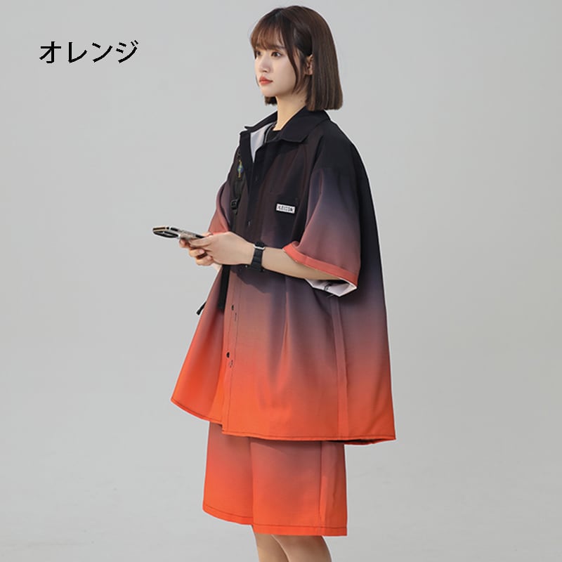【藤伊曼シリーズ】4色 セットアップ 半袖シャツ + 短パン 男女兼用 大きいサイズ グラデーション