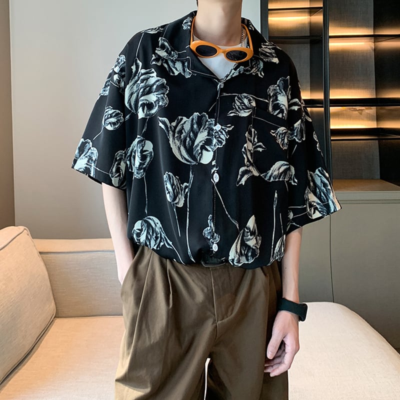 【ZHUIYIシリーズ】チャイナ風トップス 男女兼用 半袖シャツ 大きいサイズ 花柄 シャツ 2色展開 黒 白