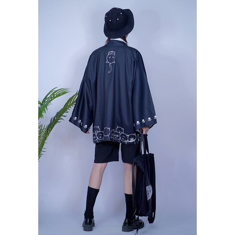【倉寶兒屋シリーズ】チャイナ風法被 猫柄プリント 夏服 薄手 ブラック ライトグレー 2色