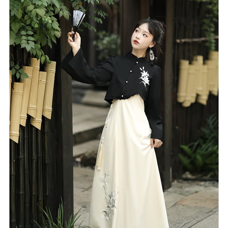 【漢如初---風鈴百合シリーズ】チャイナ風セットアップ 2点セット トップス つりワンピース 中華服 漢服 ワンピース