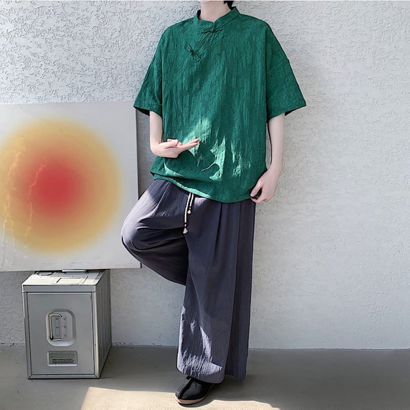 【TIANYIシリーズ】チャイナ風トップス 半袖シャツ 男女兼用 大きいサイズ 3色展開 緑 黒 白