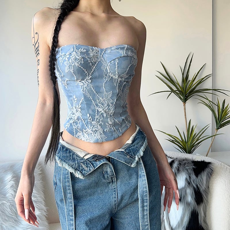 【KLIOUシリーズ】トップス Tシャツ キャミソール 着痩せ セクシー 個性的 レース ミニ丈 ブルー 青