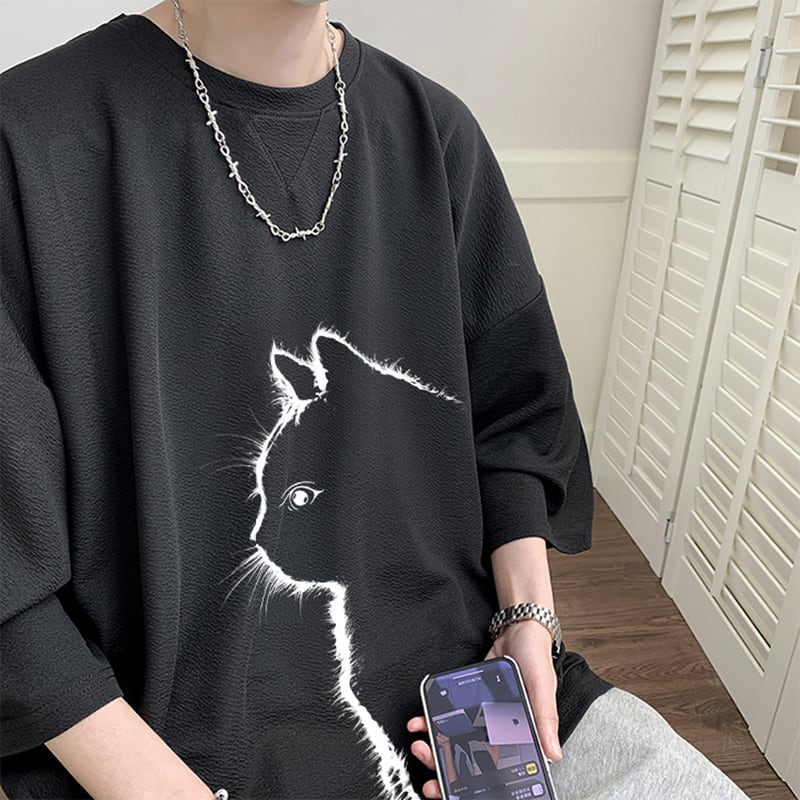 【CEXUシリーズ】3色展開 七分袖 Tシャツ 男女兼用 大きいサイズ 猫柄 黒 白 青
