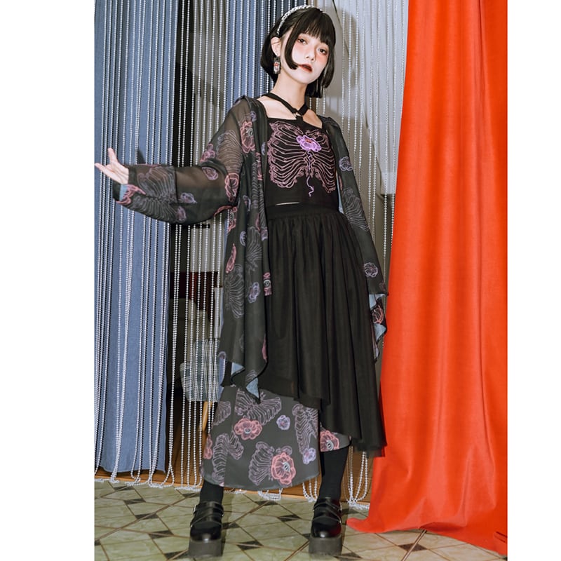 【古怪舍---花骨シリーズ】チャイナ風 スカート ボトムス 切り替え ブラック 花柄 ウエストゴム レディース ファッション
