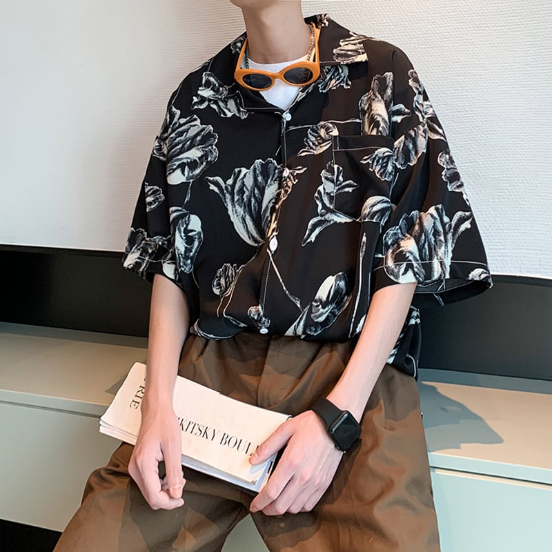 【ZHUIYIシリーズ】チャイナ風トップス 男女兼用 半袖シャツ 大きいサイズ 花柄 シャツ 2色展開 黒 白