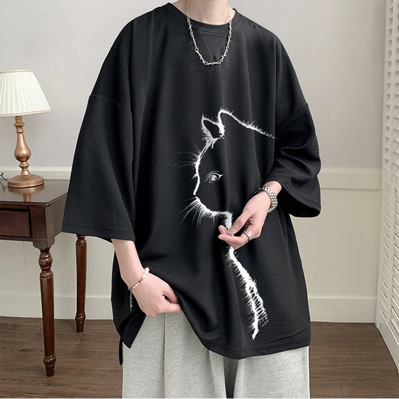 【CEXUシリーズ】3色展開 七分袖 Tシャツ 男女兼用 大きいサイズ 猫柄 黒 白 青